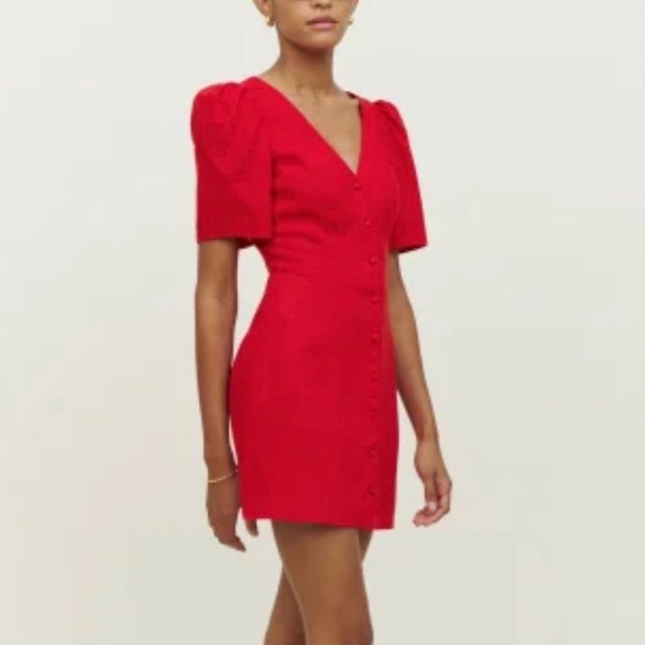 Reformation Red Button-Front V-Neck Mini Dress - Picture 3 of 5
